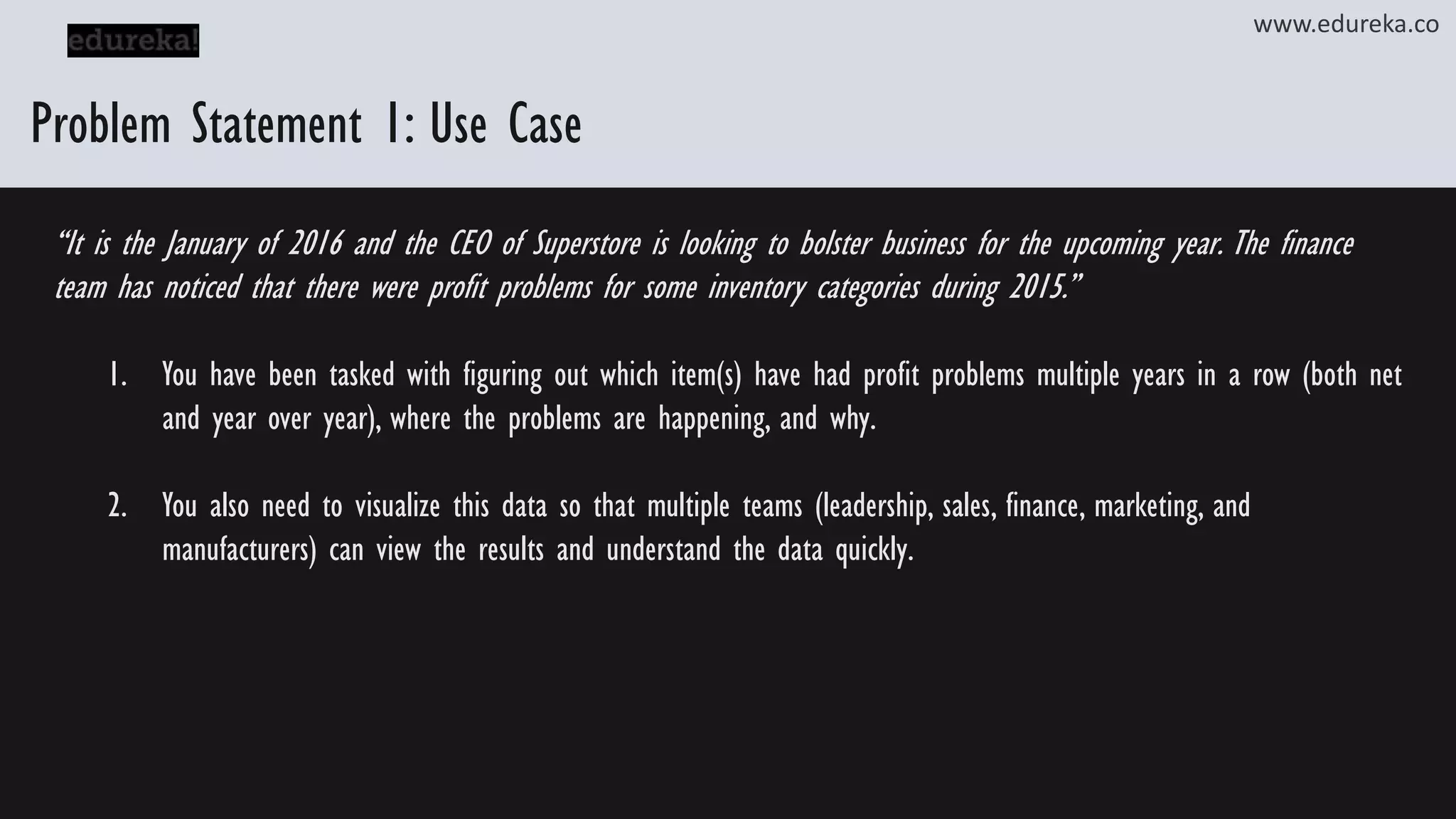 Problem Statement 1: Use Case “It is the January of 2016 and the CEO of Superstore is looking to bolster business for the upcoming year. The finance team has noticed that there were profit problems for some inventory categories during 2015.” 1. You have been tasked with figuring out which item(s) have had profit problems multiple years in a row (both net and year over year), where the problems are happening, and why. 2. You also need to visualize this data so that multiple teams (leadership, sales, finance, marketing, and manufacturers) can view the results and understand the data quickly. www.edureka.co 