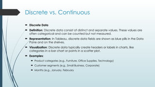 Discrete vs. Continuous
 Discrete Data
 Definition: Discrete data consist of distinct and separate values. These values are
often categorical and can be counted but not measured.
 Representation: In Tableau, discrete data fields are shown as blue pills in the Data
Pane and on the shelves.
 Visualization: Discrete data typically create headers or labels in charts, like
categories in a bar chart or points in a scatter plot.
 Examples:
 Product categories (e.g., Furniture, Office Supplies, Technology)
 Customer segments (e.g., Small Business, Corporate)
 Months (e.g., January, February
 