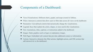 Components of a Dashboard:
 Views/Visualizations: Different charts, graphs, and maps created in Tableau.
 Filters: Interactive controls that allow users to filter data across all views on the dashboard.
 Parameters: User-defined controls that dynamically change the visualizations.
 Legends: Keys that explain the colors, shapes, or sizes used in the visualizations.
 Text: Annotations, titles, captions, or instructions added to the dashboard.
 Images: Static graphics such as logos or explanatory images.
 Web Pages: Embedded web content that provides additional context or information.
 Actions: Interactive elements like filter actions, highlight actions, and URL actions that
add interactivity to the dashboard.
 