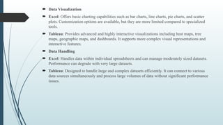  Data Visualization
 Excel: Offers basic charting capabilities such as bar charts, line charts, pie charts, and scatter
plots. Customization options are available, but they are more limited compared to specialized
tools.
 Tableau: Provides advanced and highly interactive visualizations including heat maps, tree
maps, geographic maps, and dashboards. It supports more complex visual representations and
interactive features.
 Data Handling
 Excel: Handles data within individual spreadsheets and can manage moderately sized datasets.
Performance can degrade with very large datasets.
 Tableau: Designed to handle large and complex datasets efficiently. It can connect to various
data sources simultaneously and process large volumes of data without significant performance
issues.
 