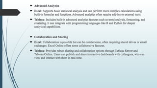  Advanced Analytics
 Excel: Supports basic statistical analysis and can perform more complex calculations using
built-in formulas and functions. Advanced analytics often require add-ins or external tools.
 Tableau: Includes built-in advanced analytics features such as trend analysis, forecasting, and
clustering. It can integrate with programming languages like R and Python for deeper
analytical capabilities.
 Collaboration and Sharing
 Excel: Collaboration is possible but can be cumbersome, often requiring shared drives or email
exchanges. Excel Online offers some collaborative features.
 Tableau: Provides robust sharing and collaboration options through Tableau Server and
Tableau Online. Users can publish and share interactive dashboards with colleagues, who can
view and interact with them in real-time.
 Advanced Analytics
 Excel: Supports basic statistical analysis and can perform more complex calculations using
built-in formulas and functions. Advanced analytics often require add-ins or external tools.
 Tableau: Includes built-in advanced analytics features such as trend analysis, forecasting, and
clustering. It can integrate with programming languages like R and Python for deeper
analytical capabilities.
 Collaboration and Sharing
 Excel: Collaboration is possible but can be cumbersome, often requiring shared drives or email
exchanges. Excel Online offers some collaborative features.
 Tableau: Provides robust sharing and collaboration options through Tableau Server and
Tableau Online. Users can publish and share interactive dashboards with colleagues, who can
view and interact with them in real-time.
 
