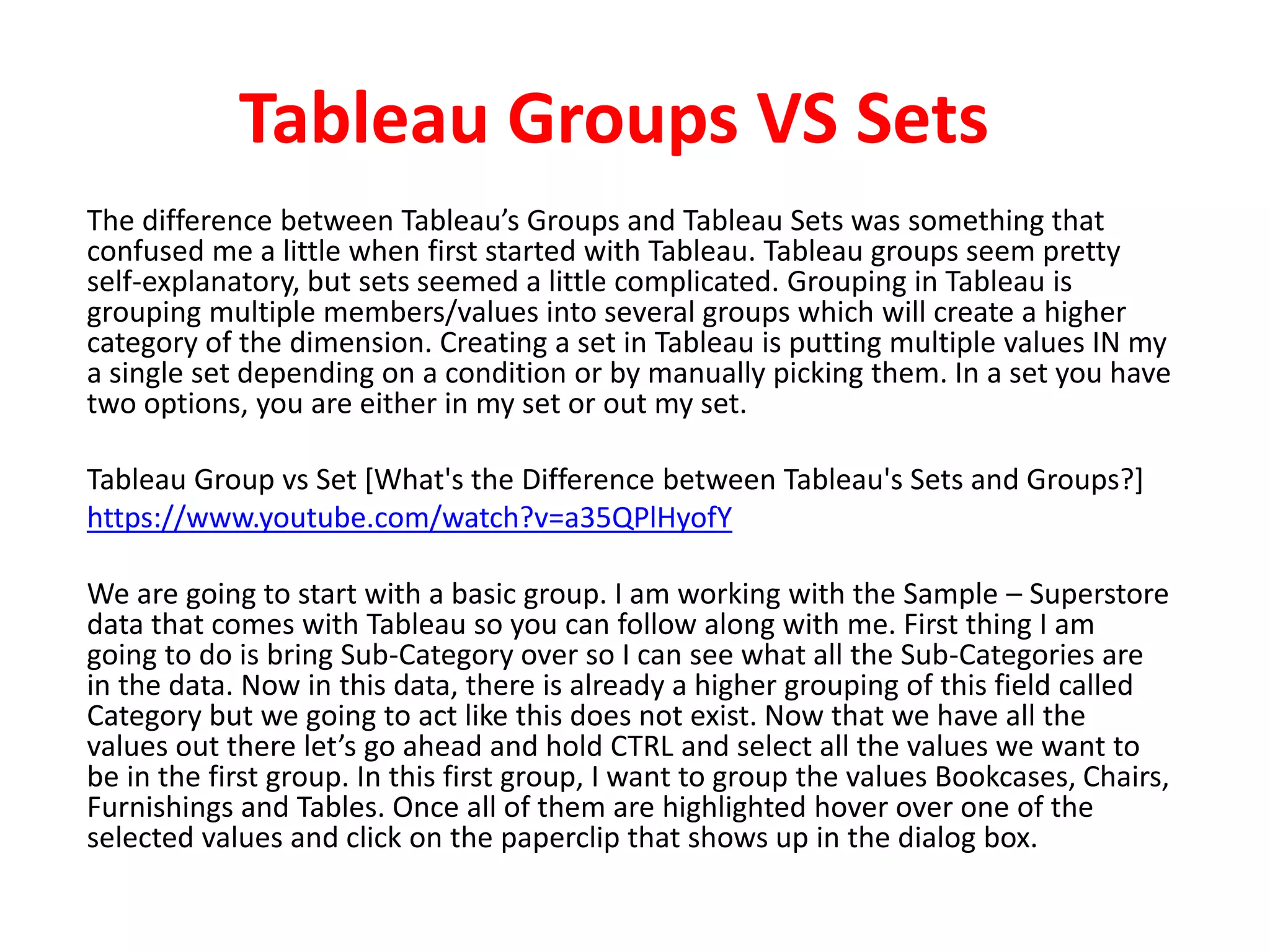 Tableau groups vs sets PPT