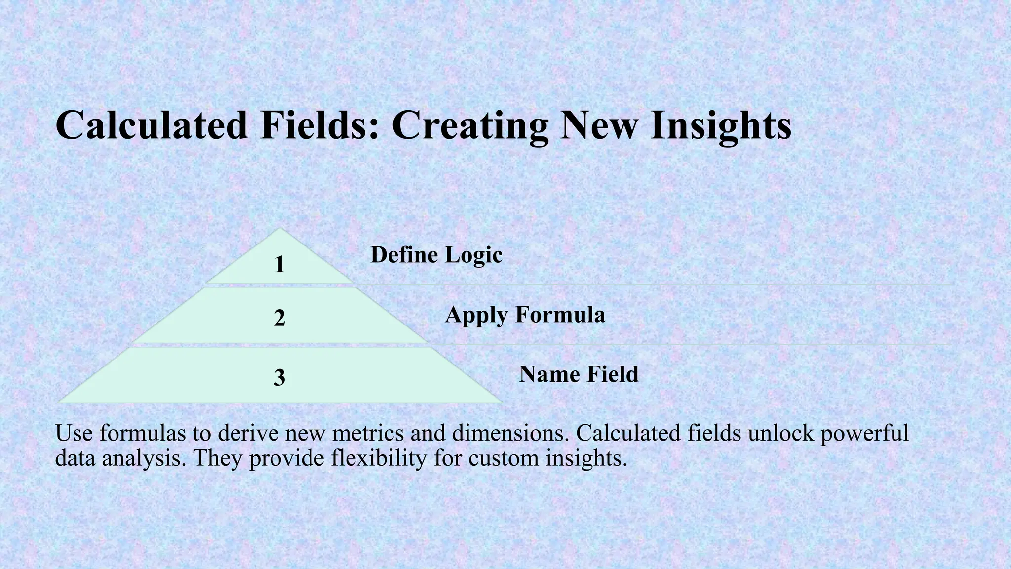 Calculated Fields: Creating New Insights
1 Define Logic
2 Apply Formula
3 Name Field
Use formulas to derive new metrics and dimensions. Calculated fields unlock powerful
data analysis. They provide flexibility for custom insights.
 
