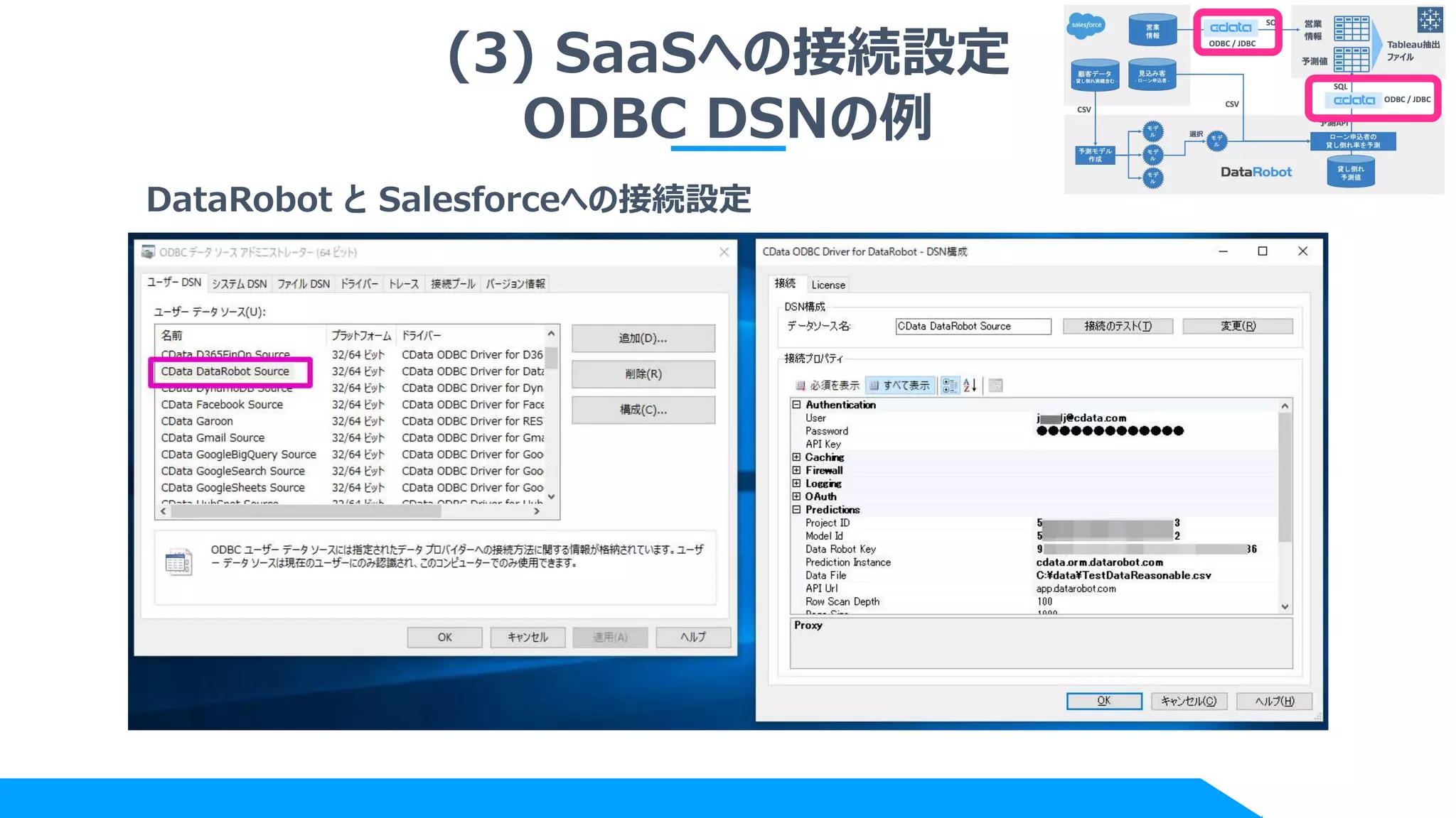 (3) SaaSへの接続設定
ODBC DSNの例
DataRobot と Salesforceへの接続設定
 
