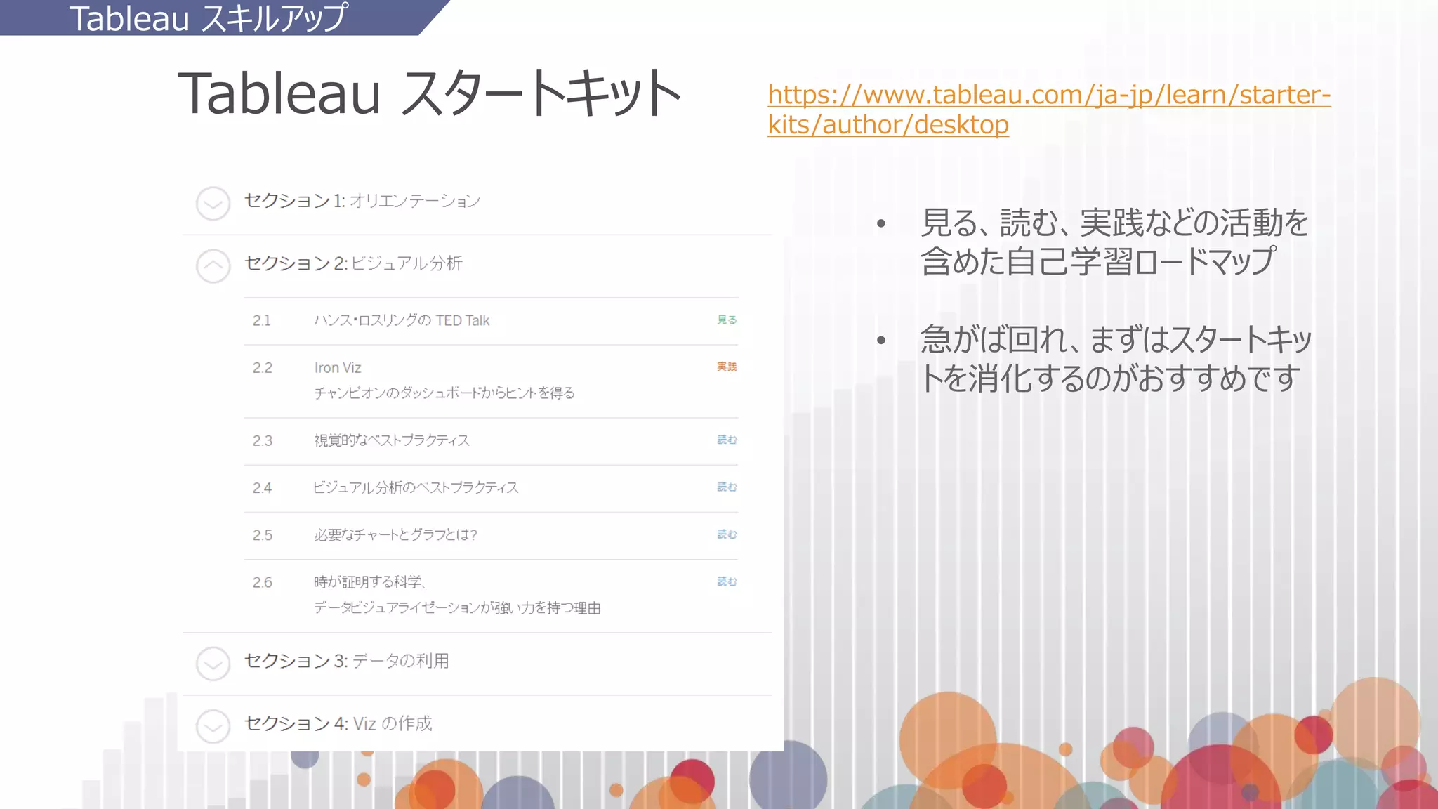 Tableau スタートキット
• 見る、読む、実践などの活動を
含めた自己学習ロードマップ
• 急がば回れ、まずはスタートキッ
トを消化するのがおすすめです
https://www.tableau.com/ja-jp/learn/starter-
kits/author/desktop
Tableau スキルアップ
 