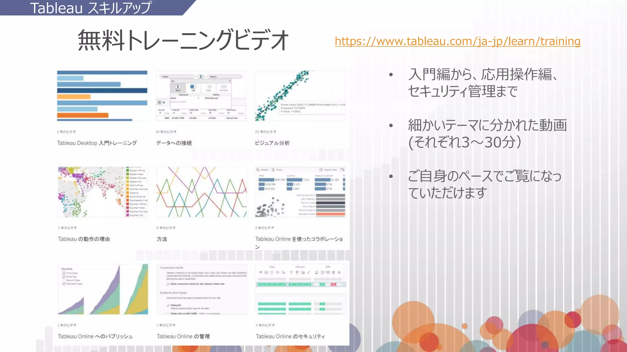 無料トレーニングビデオ
• 入門編から、応用操作編、
セキュリティ管理まで
• 細かいテーマに分かれた動画
(それぞれ3～30分）
• ご自身のペースでご覧になっ
ていただけます
https://www.tableau.com/ja-jp/learn/training
Tableau スキルアップ
 