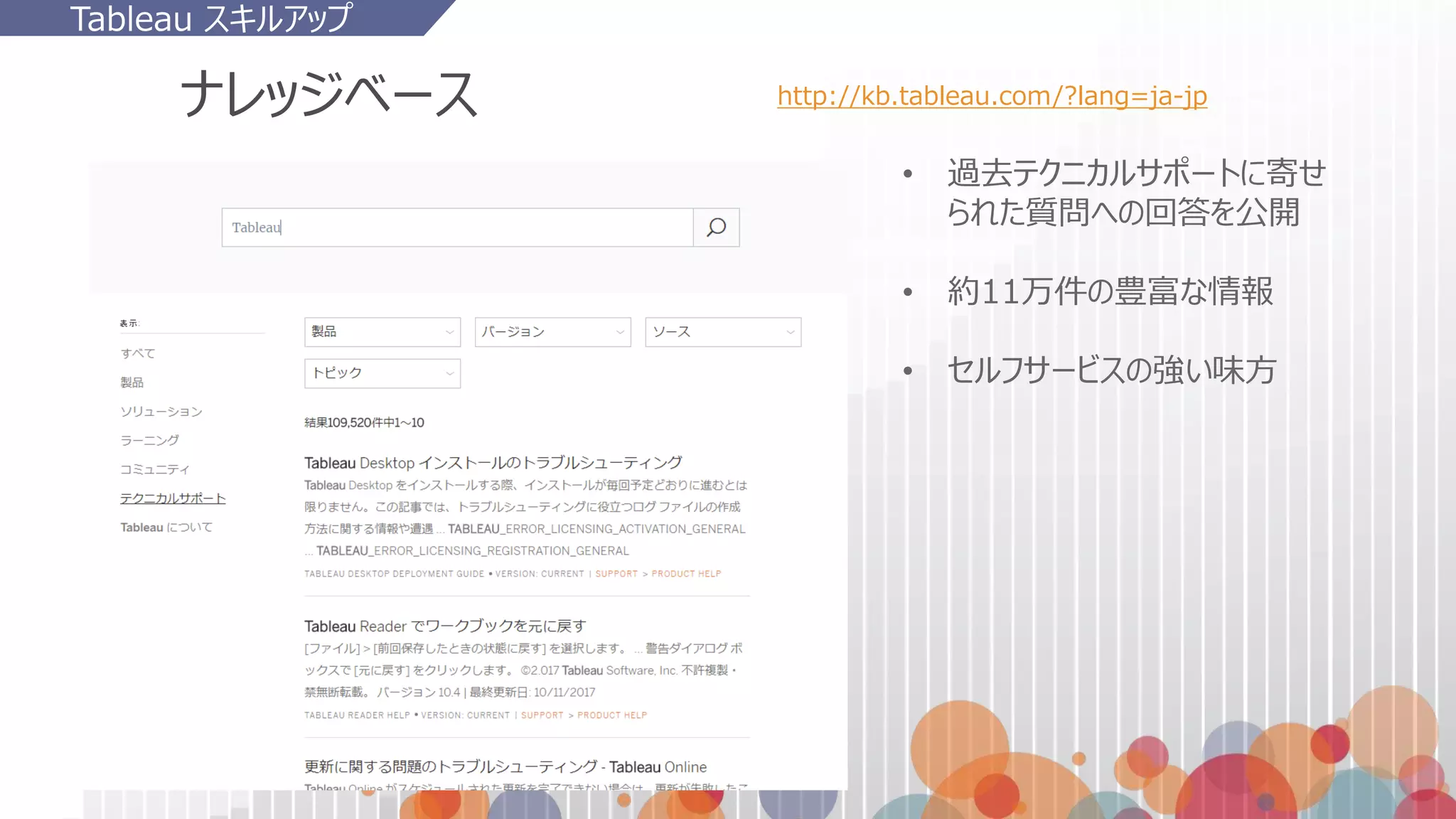 ナレッジベース
• 過去テクニカルサポートに寄せ
られた質問への回答を公開
• 約11万件の豊富な情報
• セルフサービスの強い味方
http://kb.tableau.com/?lang=ja-jp
Tableau スキルアップ
 