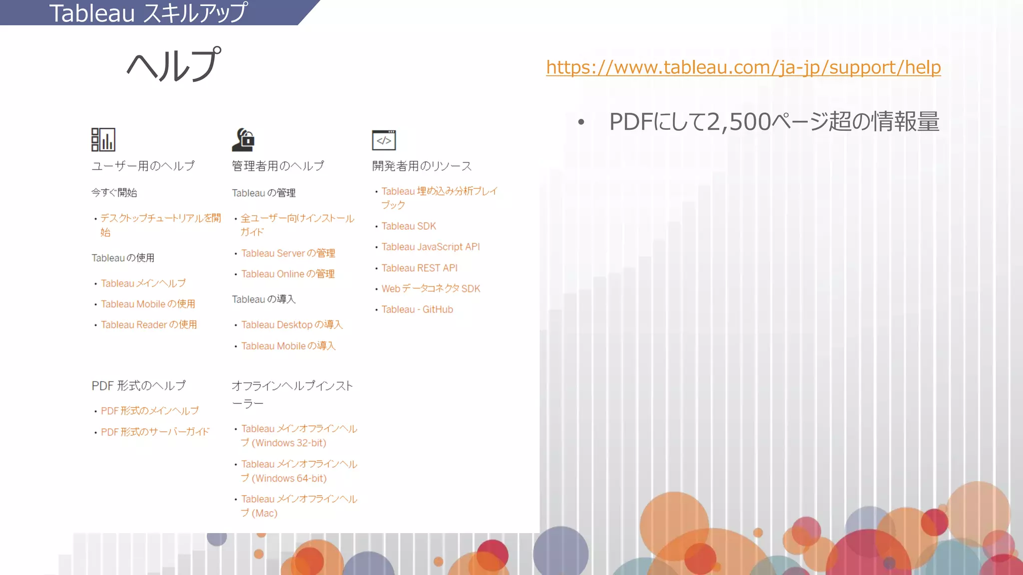 ヘルプ
• PDFにして2,500ページ超の情報量
https://www.tableau.com/ja-jp/support/help
Tableau スキルアップ
 