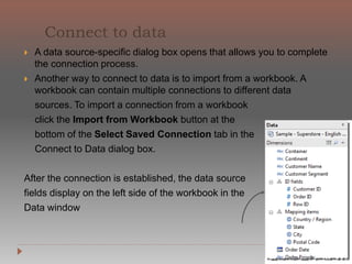 Anyone who needs to see and understand data
Connect to data
Dimensions and Measures
Rows and Columns
Charts
The Marks Card
Filters
Dashboard
 