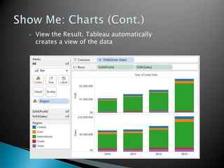  View the Result. Tableau automatically
creates a view of the data
 