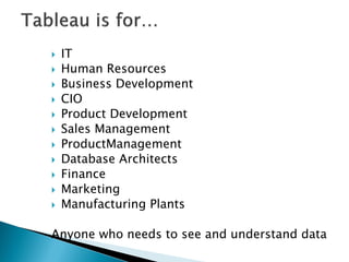  IT
 Human Resources
 Business Development
 CIO
 Product Development
 Sales Management
 ProductManagement
 Database Architects
 Finance
 Marketing
 Manufacturing Plants
Anyone who needs to see and understand data
 