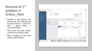 Removal of 1st
problem in
Orders_West
• Problem in this table is the
state name. So to do this, go
to state column -> click on 3
dots -> group values ->
manual selection.
• Then enter the state names
one by one and press enter.
• After changing all the state
names, click on done.
 