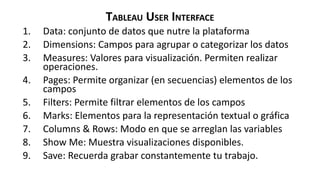 TABLEAU USER INTERFACE
1. Data: conjunto de datos que nutre la plataforma
2. Dimensions: Campos para agrupar o categorizar los datos
3. Measures: Valores para visualización. Permiten realizar
operaciones.
4. Pages: Permite organizar (en secuencias) elementos de los
campos
5. Filters: Permite filtrar elementos de los campos
6. Marks: Elementos para la representación textual o gráfica
7. Columns & Rows: Modo en que se arreglan las variables
8. Show Me: Muestra visualizaciones disponibles.
9. Save: Recuerda grabar constantemente tu trabajo.
 