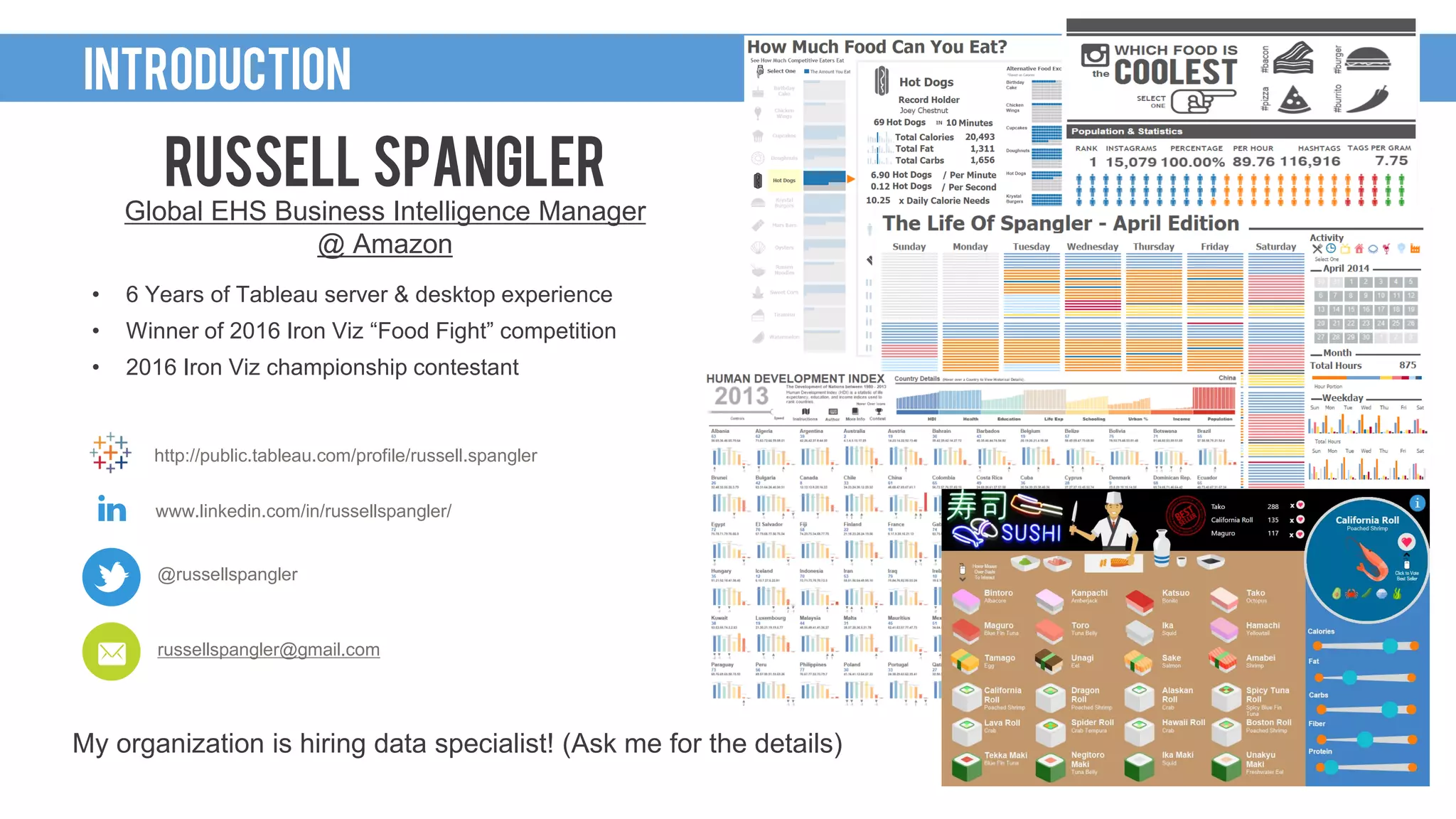 INTRODUCTION
@russellspangler
russellspangler@gmail.com
www.linkedin.com/in/russellspangler/
RUSSELL SPANGLER
Global EHS Business Intelligence Manager
@ Amazon
• 6 Years of Tableau server & desktop experience
• Winner of 2016 Iron Viz “Food Fight” competition
• 2016 Iron Viz championship contestant
http://public.tableau.com/profile/russell.spangler
My organization is hiring data specialist! (Ask me for the details)
 