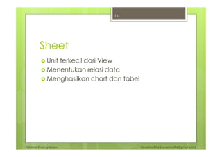 Tableau Sharing Session Noverino Rifai (noverino.rifai@gmail.com)
Sheet
Unit terkecil dari View
Menentukan relasi data
Menghasilkan chart dan tabel
13
 