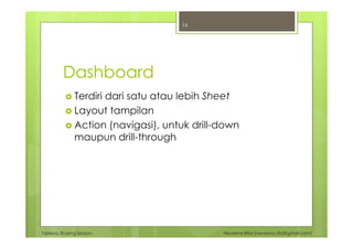 Tableau Sharing Session Noverino Rifai (noverino.rifai@gmail.com)
Dashboard
Terdiri dari satu atau lebih Sheet
Layout tampilan
Action (navigasi), untuk drill-down
maupun drill-through
16
 
