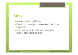 Tableau Sharing Session Noverino Rifai (noverino.rifai@gmail.com)
Story
Narasi cerita dari Data
Cara lain mengkomunikasikan Data dan
Laporan
Satu story point berisi satu view (bisa
sheet, atau dashboard)
18
 