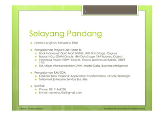 Tableau Sharing Session Noverino Rifai (noverino.rifai@gmail.com)
Selayang Pandang
Nama Lengkap: Noverino Rifai
Pengalaman Project DWH dan BI
Bank Indonesia: Data Mart MSSQL, IBM DataStage, Cognos
Badak NGL: EDWH Oracle, IBM DataStage, SAP Business Object
Indonesia Power: EDWH Oracle, Oracle Warehouse Builder, OBIEE
11G
SKK Migas Interconnection: DWH, Master Data, Business Intelligence
Pengalaman EAI/SOA
Kasikorn Bank Thailand: Application Transformation, Oracle/Weblogic
Telkomsel: Enterprise Service Bus, IBM
Kontak:
Phone: 08111664258
E-mail: noverino.rifai@gmail.com
2
 