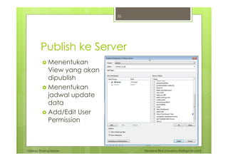 Tableau Sharing Session Noverino Rifai (noverino.rifai@gmail.com)
Publish ke Server
Menentukan
View yang akan
dipublish
Menentukan
jadwal update
data
Add/Edit User
Permission
22
 