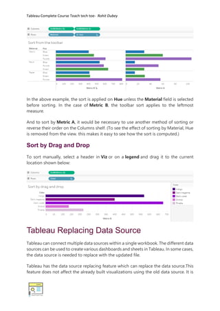 Tableau Complete Course Teach tech toe- Rohit Dubey
In the above example, the sort is applied on Hue unless the Material field is selected
before sorting. In the case of Metric B, the toolbar sort applies to the leftmost
measure.
And to sort by Metric A, it would be necessary to use another method of sorting or
reverse their order on the Columns shelf. (To see the effect of sorting by Material, Hue
is removed from the view. this makes it easy to see how the sort is computed.)
Sort by Drag and Drop
To sort manually, select a header in Viz or on a legend and drag it to the current
location shown below:
Tableau Replacing Data Source
Tableau can connect multiple data sources within a single workbook. The different data
sources can be used to create various dashboards and sheets in Tableau. In some cases,
the data source is needed to replace with the updated file.
Tableau has the data source replacing feature which can replace the data source.This
feature does not affect the already built visualizations using the old data source. It is
 