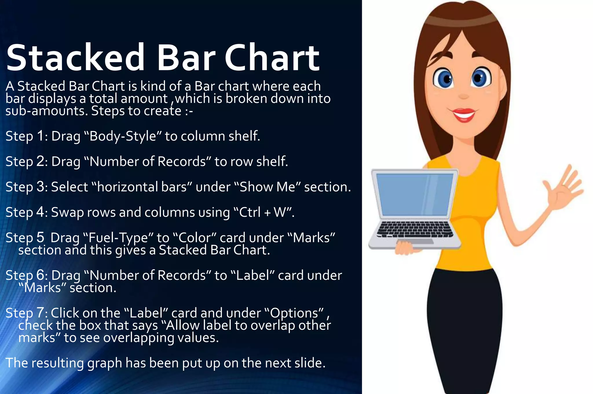 Stacked Bar Chart
A Stacked Bar Chart is kind of a Bar chart where each
bar displays a total amount ,which is broken down into
sub-amounts. Steps to create :-
Step 1: Drag “Body-Style” to column shelf.
Step 2: Drag “Number of Records” to row shelf.
Step 3: Select “horizontal bars” under “Show Me” section.
Step 4: Swap rows and columns using “Ctrl +W”.
Step 5 Drag “Fuel-Type” to “Color” card under “Marks”
section and this gives a Stacked Bar Chart.
Step 6: Drag “Number of Records” to “Label” card under
“Marks” section.
Step 7: Click on the “Label” card and under “Options” ,
check the box that says “Allow label to overlap other
marks” to see overlapping values.
The resulting graph has been put up on the next slide.
 