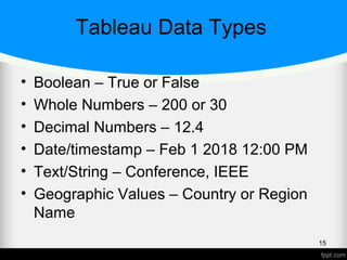 Tableau Data Types
• Boolean – True or False
• Whole Numbers – 200 or 30
• Decimal Numbers – 12.4
• Date/timestamp – Feb 1 2018 12:00 PM
• Text/String – Conference, IEEE
• Geographic Values – Country or Region
Name
15
 