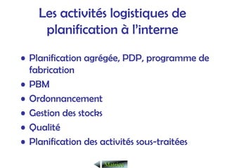Les activités logistiques de
planification à l’interne
• Planification agrégée, PDP, programme de
fabrication
• PBM
• Ordonnancement
• Gestion des stocks
• Qualité
• Planification des activités sous-traitées
Matrice
Matrice
 