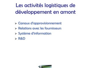 Les activités logistiques de
développement en amont
¾
¾ Canaux d
Canaux d’
’approvisionnement
approvisionnement
¾
¾ Relations avec les fournisseurs
Relations avec les fournisseurs
¾
¾ Syst
Systè
ème d
me d’
’information
information
¾
¾ R&D
R&D
Matrice
Matrice
 