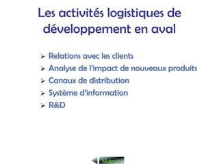 Les activités logistiques de
développement en aval
¾
¾ Relations avec les clients
Relations avec les clients
¾
¾ Analyse de l
Analyse de l’
’impact de nouveaux produits
impact de nouveaux produits
¾
¾ Canaux de distribution
Canaux de distribution
¾
¾ Syst
Systè
ème d
me d’
’information
information
¾
¾ R&D
R&D
Matrice
Matrice
 
