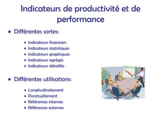 Indicateurs de productivité et de
performance
• Différentes sortes:
• Indicateurs financiers
• Indicateurs statistiques
• Indicateurs graphiques
• Indicateurs agrégés
• Indicateurs détaillés
• Différentes utilisations:
• Longitudinalement
• Ponctuellement
• Références internes
• Références externes
 