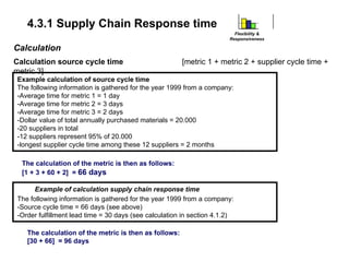 4.3.1 Supply Chain Response time
Calculation
Calculation source cycle time [metric 1 + metric 2 + supplier cycle time +
metric 3]
Flexibility &
Responsiveness
Example calculation of source cycle time
The following information is gathered for the year 1999 from a company:
-Average time for metric 1 = 1 day
-Average time for metric 2 = 3 days
-Average time for metric 3 = 2 days
-Dollar value of total annually purchased materials = 20.000
-20 suppliers in total
-12 suppliers represent 95% of 20.000
-longest supplier cycle time among these 12 suppliers = 2 months
The calculation of the metric is then as follows:
[1 + 3 + 60 + 2] = 66 days
Example of calculation supply chain response time
The following information is gathered for the year 1999 from a company:
-Source cycle time = 66 days (see above)
-Order fulfillment lead time = 30 days (see calculation in section 4.1.2)
The calculation of the metric is then as follows:
[30 + 66] = 96 days
 
