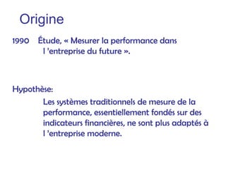 Origine
1990 Étude, « Mesurer la performance dans
l ’entreprise du future ».
Hypothèse:
Les systèmes traditionnels de mesure de la
performance, essentiellement fondés sur des
indicateurs financières, ne sont plus adaptés à
l ’entreprise moderne.
 