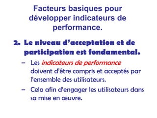 Facteurs basiques pour
développer indicateurs de
performance.
2. Le niveau d’acceptation et de
participation est fondamental.
– Les indicateurs de performance
doivent d’être compris et acceptés par
l’ensemble des utilisateurs.
– Cela afin d’engager les utilisateurs dans
sa mise en œuvre.
 