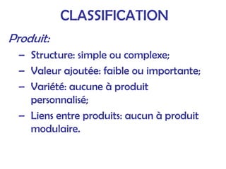 Produit:
– Structure: simple ou complexe;
– Valeur ajoutée: faible ou importante;
– Variété: aucune à produit
personnalisé;
– Liens entre produits: aucun à produit
modulaire.
CLASSIFICATION
 
