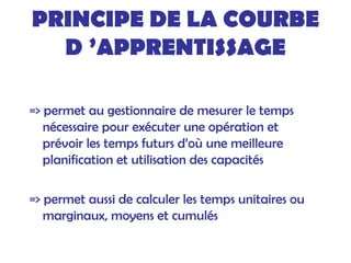 PRINCIPE DE LA COURBE
D ’APPRENTISSAGE
=> permet au gestionnaire de mesurer le temps
nécessaire pour exécuter une opération et
prévoir les temps futurs d’où une meilleure
planification et utilisation des capacités
=> permet aussi de calculer les temps unitaires ou
marginaux, moyens et cumulés
 
