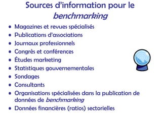 Sources d’information pour le
benchmarking
• Magazines et revues spécialisés
• Publications d’associations
• Journaux professionnels
• Congrès et conférences
• Études marketing
• Statistiques gouvernementales
• Sondages
• Consultants
• Organisations spécialisées dans la publication de
données de benchmarking
• Données financières (ratios) sectorielles
 