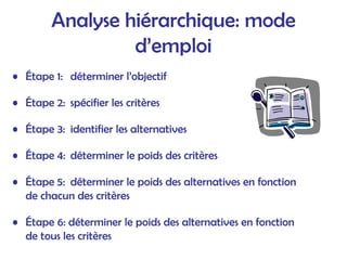 Analyse hiérarchique: mode
d’emploi
• Étape 1: déterminer l’objectif
• Étape 2: spécifier les critères
• Étape 3: identifier les alternatives
• Étape 4: déterminer le poids des critères
• Étape 5: déterminer le poids des alternatives en fonction
de chacun des critères
• Étape 6: déterminer le poids des alternatives en fonction
de tous les critères
 