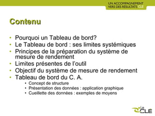 Contenu Pourquoi un Tableau de bord? Le Tableau de bord : ses limites systémiques Principes de la préparation du système de mesure de rendement Limites présentes de l’outil Objectif du système de mesure de rendement Tableau de bord du C. A.  Concept de structure Présentation des données : application graphique Cueillette des données : exemples de moyens 