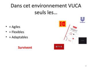 Dans cet environnement VUCA
seuls les…
• + Agiles
• + Flexibles
• + Adaptables
Survivent
14
 