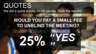 QUOTES
We did a quick survey on 90 people. Voilà the results!

       WOULD YOU PAY A SMALL FEE
        TO UNBLIND THE MEETING?



          25%                  “YES
                               ”
 