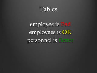 Tables

 employee is Bad
 employees is OK
personnel is Better
 
