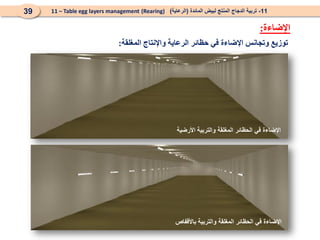 ‫المغلقة‬ ‫واإلنتاج‬ ‫الرعاية‬ ‫حظائر‬ ‫في‬ ‫اإلضاءة‬ ‫وتجانس‬ ‫توزيع‬
:
‫األرضية‬ ‫والتربية‬ ‫المغلقة‬ ‫الحظائر‬ ‫في‬ ‫اإلضاءة‬
‫باألقفاص‬ ‫والتربية‬ ‫المغلقة‬ ‫الحظائر‬ ‫في‬ ‫اإلضاءة‬
11
-
‫المائدة‬ ‫لبيض‬ ‫المنتج‬ ‫الدجاج‬ ‫تربية‬
(
‫الرعاية‬
)
(Rearing)
11 – Table egg layers management
39
‫اإلضاءة‬
:
 