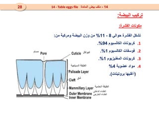 ‫حوالي‬ ‫القشرة‬ ‫تشكل‬
8
-
11
%
‫من‬ ‫ومركبة‬ ‫البيضة‬ ‫وزن‬ ‫من‬
:
.1
‫الكالسيوم‬ ‫كربونات‬
94
.%
.2
‫الكالسيوم‬ ‫فوسفات‬
1
.%
.3
‫المغنيزيوم‬ ‫كربونات‬
1
.%
.4
‫عضوية‬ ‫مواد‬
4
%
(
‫بروتينات‬ ‫أغلبها‬
.)
‫مسام‬ ‫كيوتكل‬
‫السياجية‬ ‫الطبقة‬
‫شق‬
‫الحلمية‬ ‫الطبقة‬
‫الداخلي‬ ‫الغشاء‬
‫الخارجي‬ ‫الغشاء‬
‫القشرة‬ ‫مكونات‬
:
‫البيضة‬ ‫تركيب‬
:
14
-
‫المائدة‬ ‫بيض‬ ‫ملف‬
14 - Table eggs file
28
 