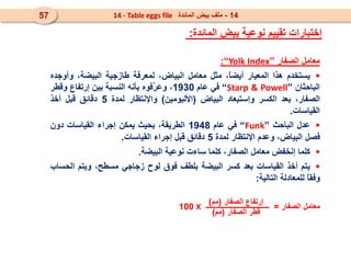 ‫معامل‬
‫الصفار‬
”
Index
Yolk
“
:

‫يستخدم‬
‫هذا‬
‫المعيار‬
،ً
‫ا‬‫أيض‬
‫مثل‬
‫معامل‬
،‫البياض‬
‫لمعرفة‬
‫طازجية‬
،‫البيضة‬
‫وأوجده‬
‫الباحثان‬
”
Starp & Powell
“
‫في‬
‫عام‬
1930
،
‫َفوه‬
‫ر‬‫وع‬
‫بأنه‬
‫النسبة‬
‫بين‬
‫إرتفاع‬
‫وقطر‬
،‫الصفار‬
‫بعد‬
‫الكسر‬
‫وإستبعاد‬
‫البياض‬
(
‫األلبومين‬
)
‫واإلنتظار‬
‫لمدة‬
5
‫دقائق‬
‫قبل‬
‫أخذ‬
‫القياسات‬
.

‫عدل‬
‫الباحث‬
”
Funk
“
‫في‬
‫عام‬
1948
،‫الطريقة‬
‫بحيث‬
‫يمكن‬
‫إجراء‬
‫القياسات‬
‫دون‬
‫فصل‬
،‫البياض‬
‫وعدم‬
‫اإلنتظار‬
‫لمدة‬
5
‫دقائق‬
‫قبل‬
‫إجراء‬
‫القياسات‬
.

‫كلما‬
‫إنخفض‬
‫معامل‬
،‫الصفار‬
‫كلما‬
‫ساءت‬
‫نوعية‬
‫البيضة‬
.

‫يتم‬
‫أخذ‬
‫القياسات‬
‫بعد‬
‫كسر‬
‫البيضة‬
‫بلطف‬
‫فوق‬
‫لوح‬
‫زجاجي‬
،‫مسطح‬
‫ويتم‬
‫الحساب‬
ً
‫ا‬‫وفق‬
‫للمعادلة‬
‫التالية‬
:
‫معامل‬
‫الصفار‬
=
X
100
‫الصفار‬ ‫إرتفاع‬
(
‫مم‬
)
‫الصفار‬ ‫قطر‬
(
‫مم‬
)
‫المائدة‬ ‫بيض‬ ‫نوعية‬ ‫تقييم‬ ‫إختبارات‬
:
14
-
‫المائدة‬ ‫بيض‬ ‫ملف‬
14 - Table eggs file
57
 