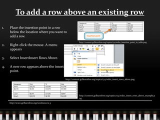 To add a row above an existing row
1. Place the insertion point in a row
below the location where you want to
add a row.
2. Right-click the mouse. A menu
appears
3. Select InsertInsert Rows Above.
4. A new row appears above the insertion
point.
http://www.gcflearnfree.org/word2010/21.3
http://content.gcflearnfree.org/topics/174/wd10_insertion_point_in_table.png
http://content.gcflearnfree.org/topics/174/wd10_insert_rows_above.png
http://content.gcflearnfree.org/topics/174/wd10_insert_rows_above_example.p
ng
 