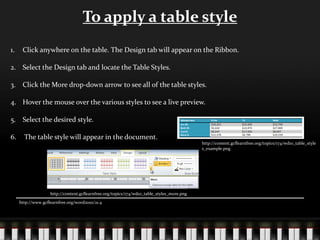 To apply a table style
1. Click anywhere on the table. The Design tab will appear on the Ribbon.
2. Select the Design tab and locate the Table Styles.
3. Click the More drop-down arrow to see all of the table styles.
4. Hover the mouse over the various styles to see a live preview.
5. Select the desired style.
6. The table style will appear in the document.
http://www.gcflearnfree.org/word2010/21.4
http://content.gcflearnfree.org/topics/174/wd10_table_styles_more.png
http://content.gcflearnfree.org/topics/174/wd10_table_style
s_example.png
 