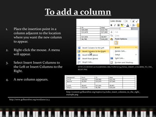 To add a column
1. Place the insertion point in a
column adjacent to the location
where you want the new column
to appear.
2. Right-click the mouse. A menu
will appear.
3. Select Insert Insert Columns to
the Left or Insert Columns to the
Right.
4. A new column appears.
http://www.gcflearnfree.org/word2010/21.3
HTTP://CONTENT.GCFLEARNFREE.ORG/TOPICS/174/WD10_INSERT_COLUMNS_TO_THE_
RIGHT.PNG
http://content.gcflearnfree.org/topics/174/wd10_insert_columns_to_the_right_
example.png
 