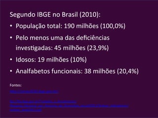 Segundo	
  IBGE	
  no	
  Brasil	
  (2010):	
  
•  População	
  total:	
  190	
  milhões	
  (100,0%)	
  
•  Pelo	
  menos	
  uma	
  das	
  deﬁciências	
  
invesVgadas:	
  45	
  milhões	
  (23,9%)	
  
•  Idosos:	
  19	
  milhões	
  (10%)	
  
•  Analfabetos	
  funcionais:	
  38	
  milhões	
  (20,4%)	
  
	
  
Fontes:	
  	
  	
  	
  	
  	
  	
  	
  	
  	
  	
  	
  	
  	
  	
  	
  	
  	
  	
  	
  	
  	
  	
  	
  	
  	
  	
  	
  	
  	
  	
  	
  
hgp://censo2010.ibge.gov.br/	
  
	
  
ip://ip.ibge.gov.br/Trabalho_e_Rendimento/
Pesquisa_Nacional_por_Amostra_de_Domicilios_anual/2011/Sintese_Indicadores/
sintese_pnad2011.pdf	
  	
  
 