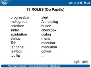 ARIA e HTML5
progressbar
radiogroup
scrollbar
slider
spinbutton
status
Tab
tabpanel
textbox
tooltip
73 ROLES (Ou Papéis)
alert
Alertdialog
button
checkbox
dialog
menu
menubar
menuitem
option
...
http://www.w3.org/TR/wai-aria/roles#role_definitions
 