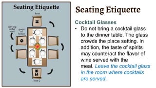 Cocktail Glasses
• Do not bring a cocktail glass
to the dinner table. The glass
crowds the place setting. In
addition, the taste of spirits
may counteract the flavor of
wine served with the
meal. Leave the cocktail glass
in the room where cocktails
are served.
Seating Etiquette
 